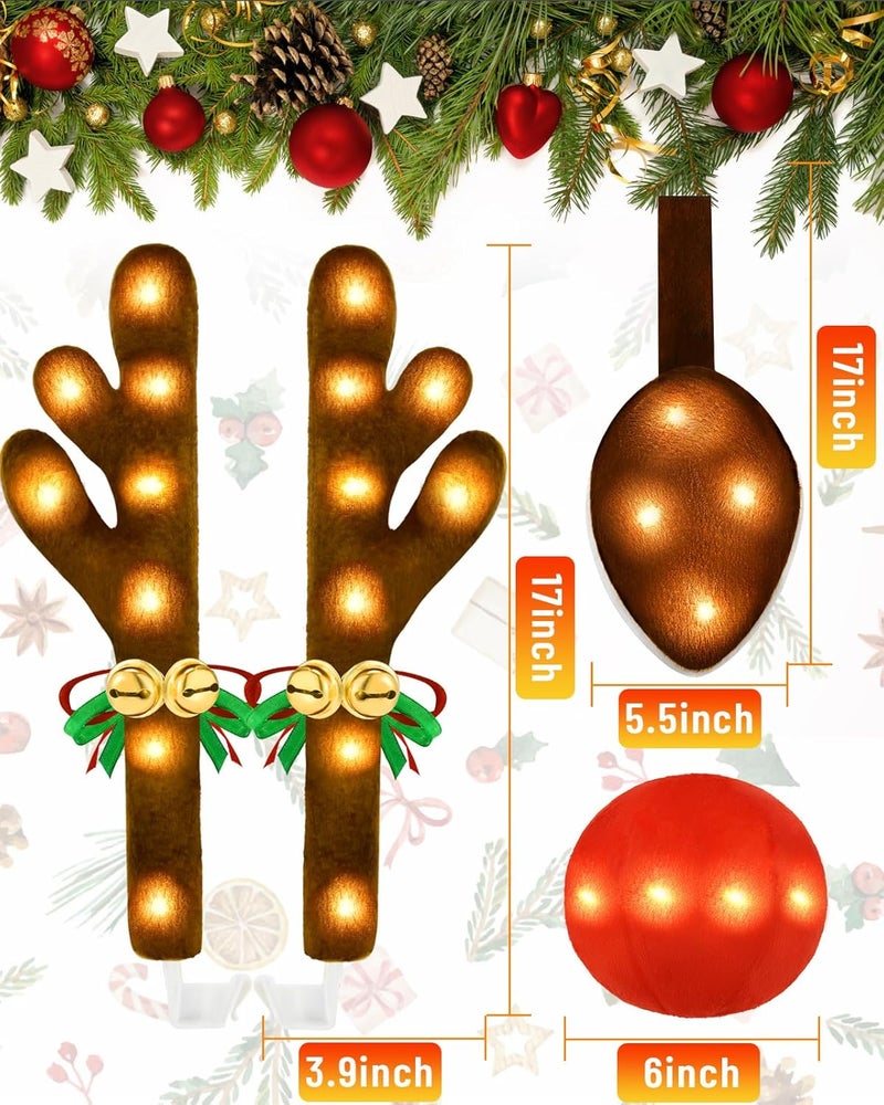 Dergo Christmas Reindeer Antlers Car Decoration Kit with LED Warm White Lights, Vehicle Christmas Car Kit with Jingle Bells Rudolph Reindeer and Nose, Tail for The Trunk - Image 3